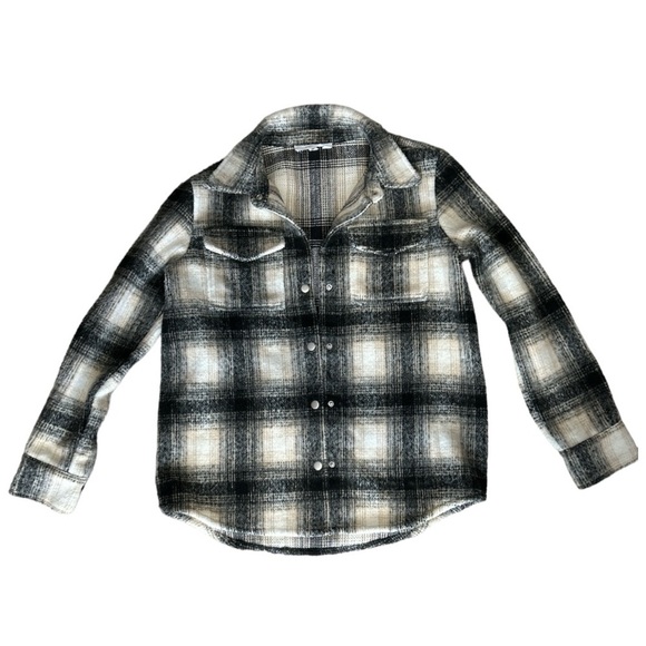 BB Dakota By Steve Madden Womens Size M Snap Button Shacket Plaid black/tan - Picture 2 of 4